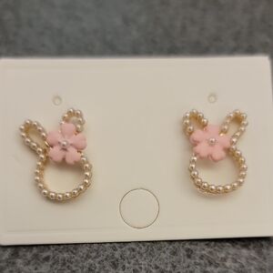 Pearl Bunny Earrings with Pink Flower